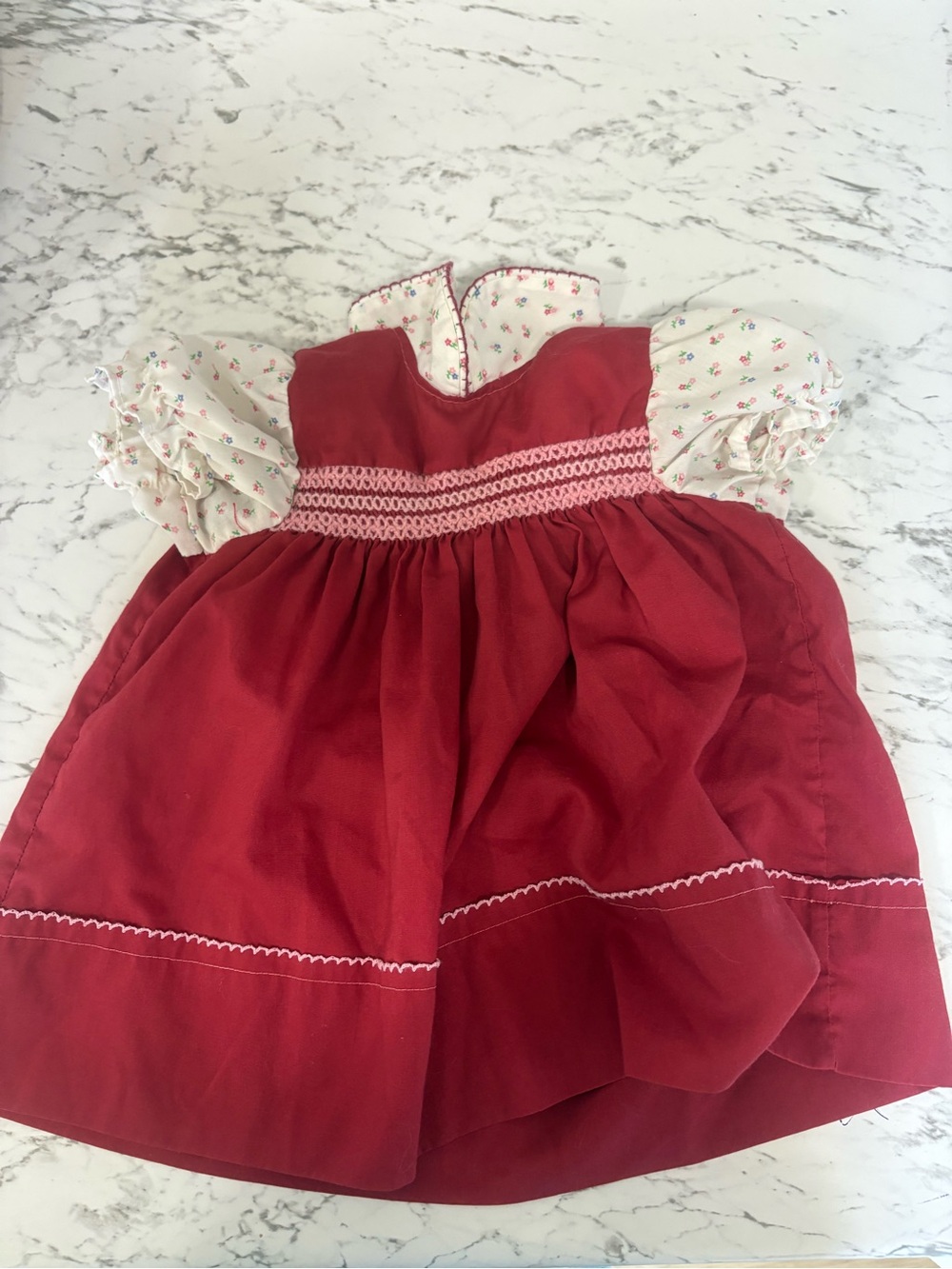 VINTAGE Red Toddler Dress with Floral Puff Sleeves
